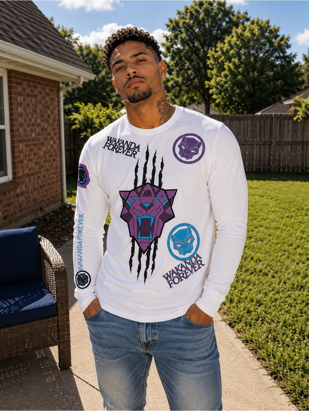 Marvel Black Panther Wakanda Forever Long Sleeve Shirt Men XL White Graphic Tee